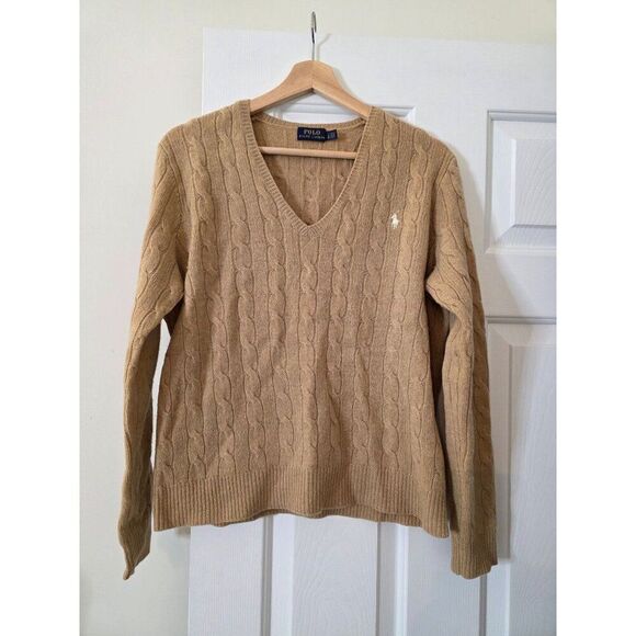 Polo ralph lauren Cable-Knit Wool-Cashmere V-Neck Sweater L  Camel Melange $198 - Picture 2 of 9